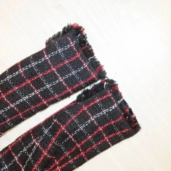 Kasper Tweed Tartan Plaid Blazer Black Red Size 4 Fringe Hem Open Front - Picture 4 of 7